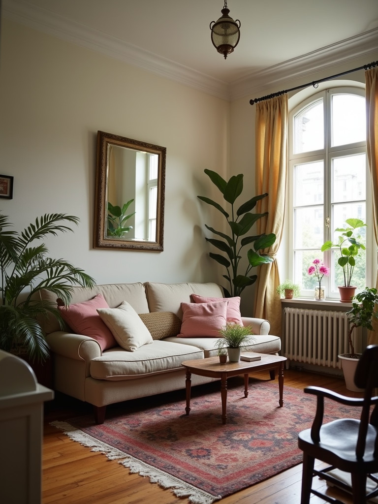 Living room with thrifted vintage mirror and decor