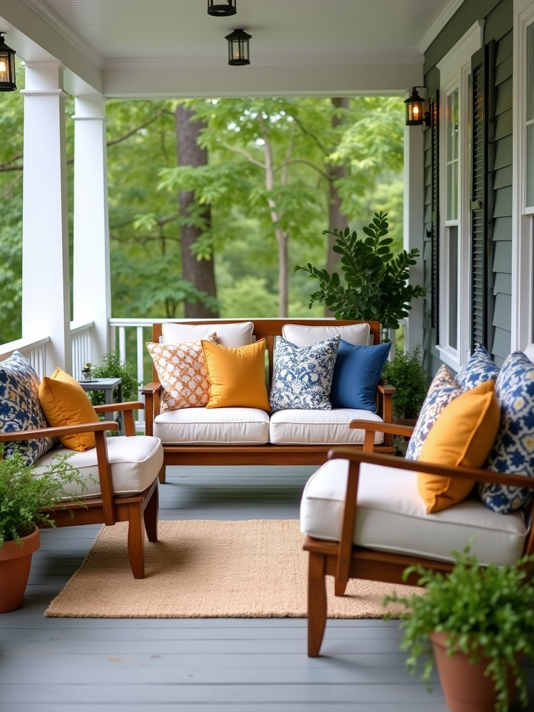 A seating area with wooden benches and throw pillows in various colors and patterns.