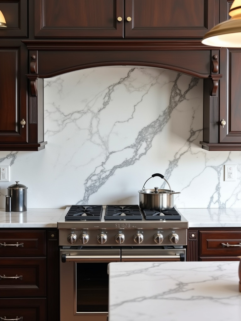 A traditional kitchen featuring a full marble slab backsplash, dark wood cabinets, and elegant pendant lights