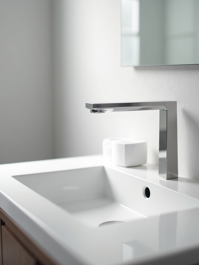 Close up modern bathroom touchless faucet with sink