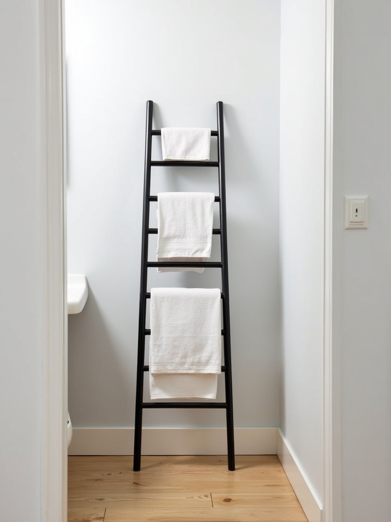 A small bathroom featuring a black metal towel ladder with neatly folded towels, light wood floors, and white walls.