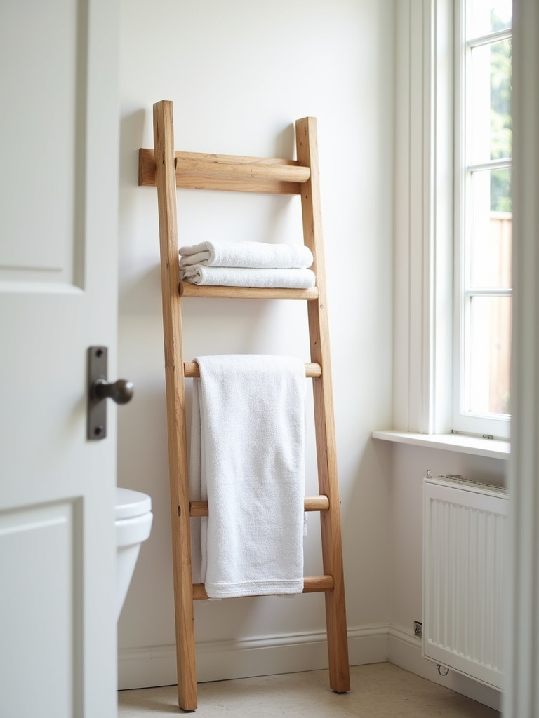 A wooden towel ladder in a small bathroom holding neatly folded towels
