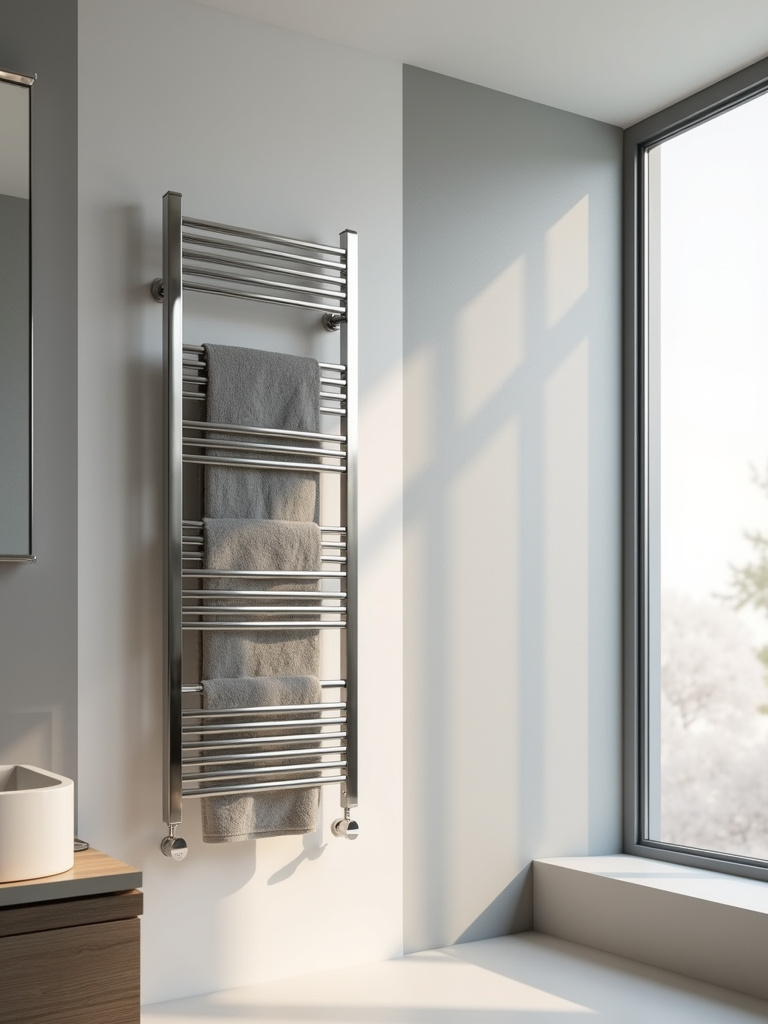 A sleek, modern bathroom including a towel warmer for extra comfort and warmth.