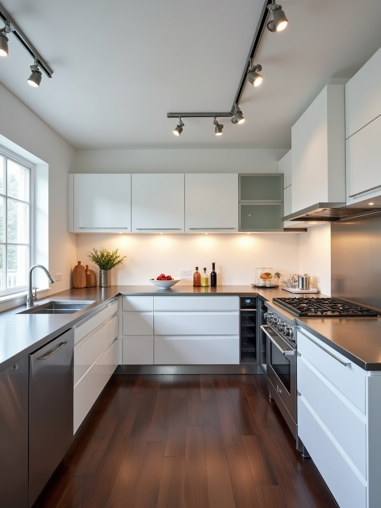 Modern kitchen featuring sleek, dark silver track lighting.