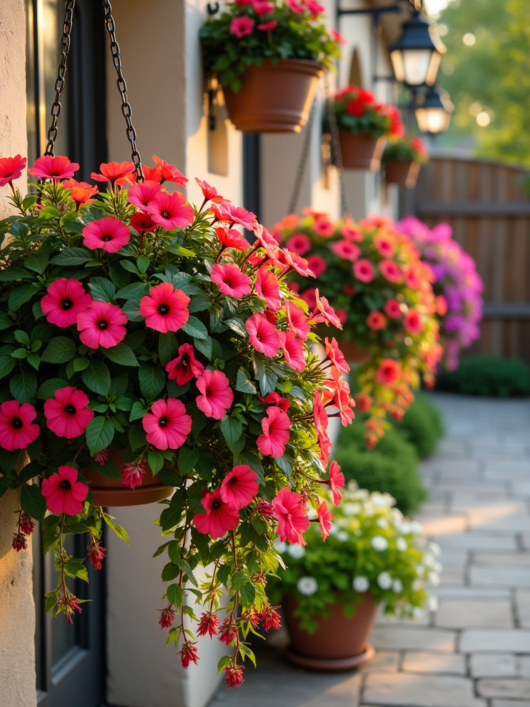 A patio scene with hanging baskets of colorful trailing petunias in soft, golden light