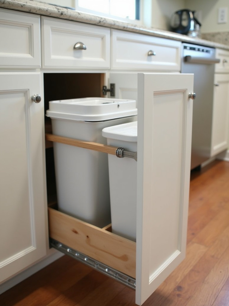 A pull-out cabinet in a kitchen, featuring built-in trash and recycling bins.