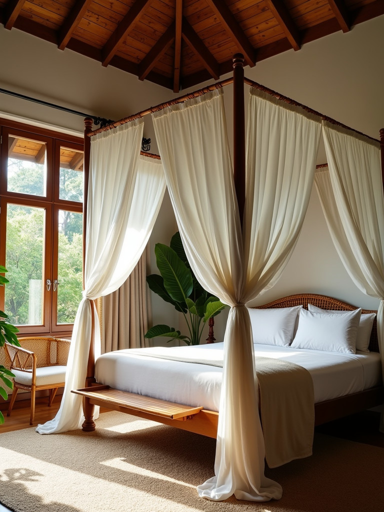 A full Tropical Colonial bedroom with a four-poster bed, rattan furniture, and tropical plants.