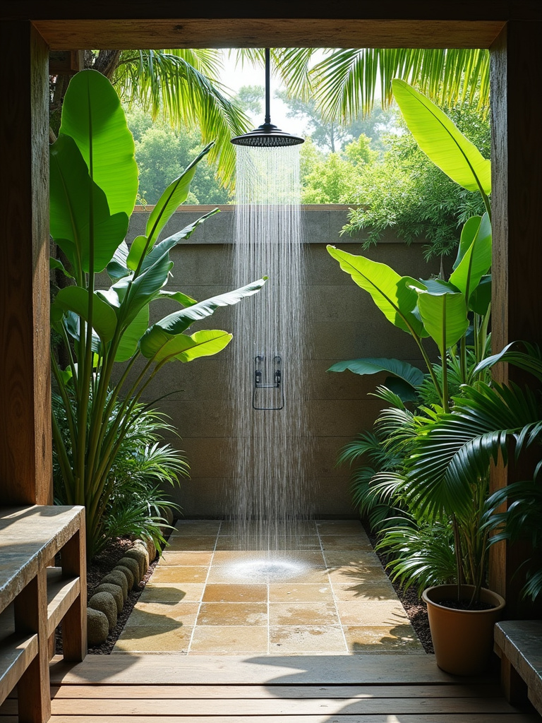 A tropical outdoor shower surrounded by greenery.