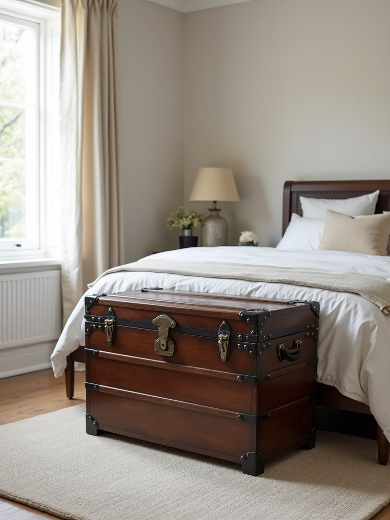 A vintage trunk-style storage chest in a minimalist bedroom with light colors