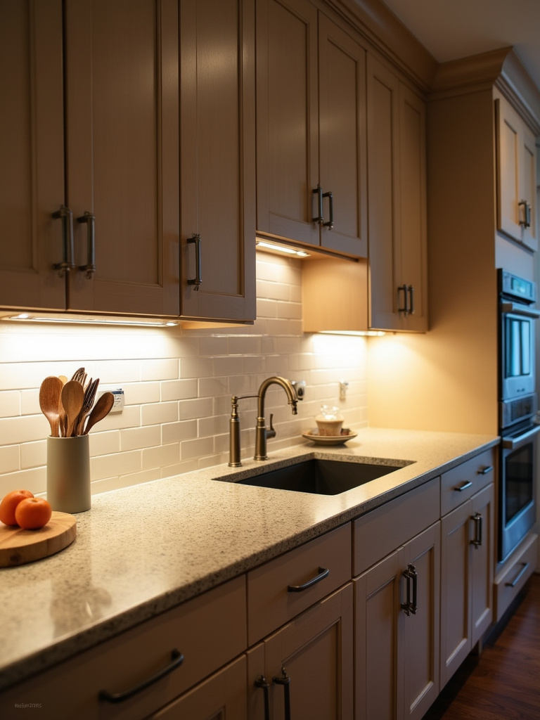 A well lit kitchen, featuring under-cabinet lights, enhancing function and aesthetic.