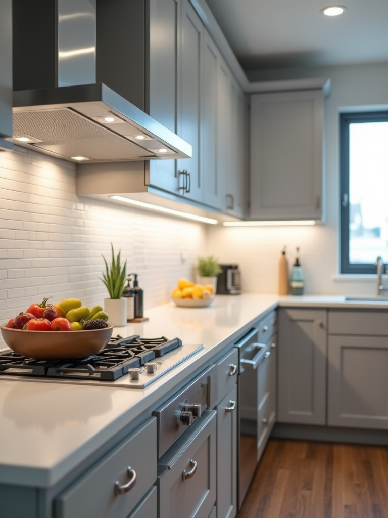 A modern kitchen with bright under-cabinet lighting highlighting a stainless steel counter.