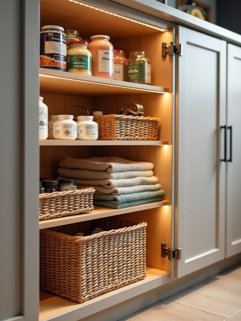 Kitchen cabinet interior with under-shelf baskets attached, filled with various kitchen items, optimizing storage