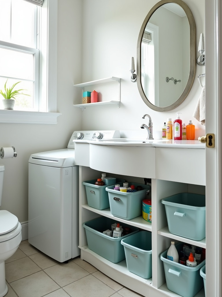 Under-sink storage bins providing organized solutions for a tidy laundry bathroom area.