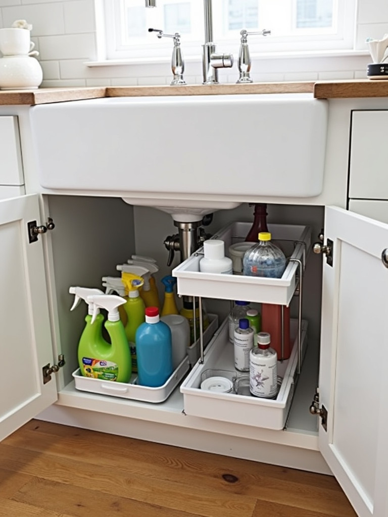 A well-organized under-sink area in a kitchen featuring various storage solutions holding cleaning supplies.