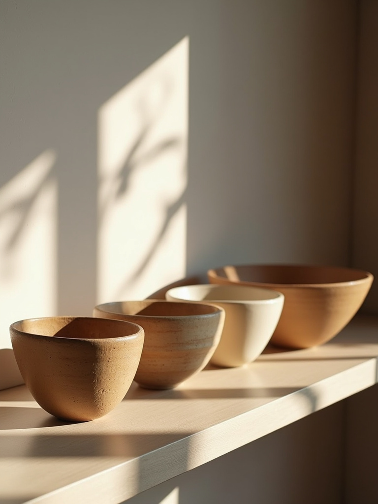 Living room shelf featuring unique decorative bowls, various shapes and textures, soft lighting, eye level.