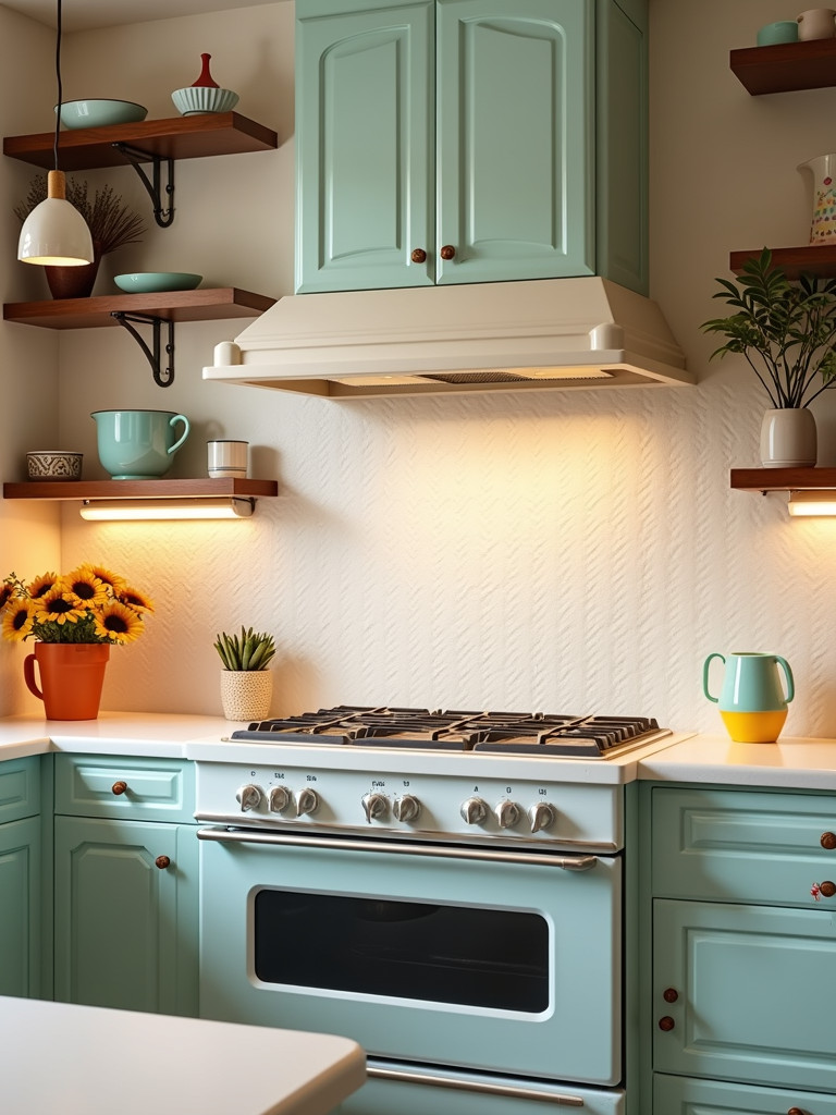 A retro kitchen featuring a white penny tile backsplash and colorful accents