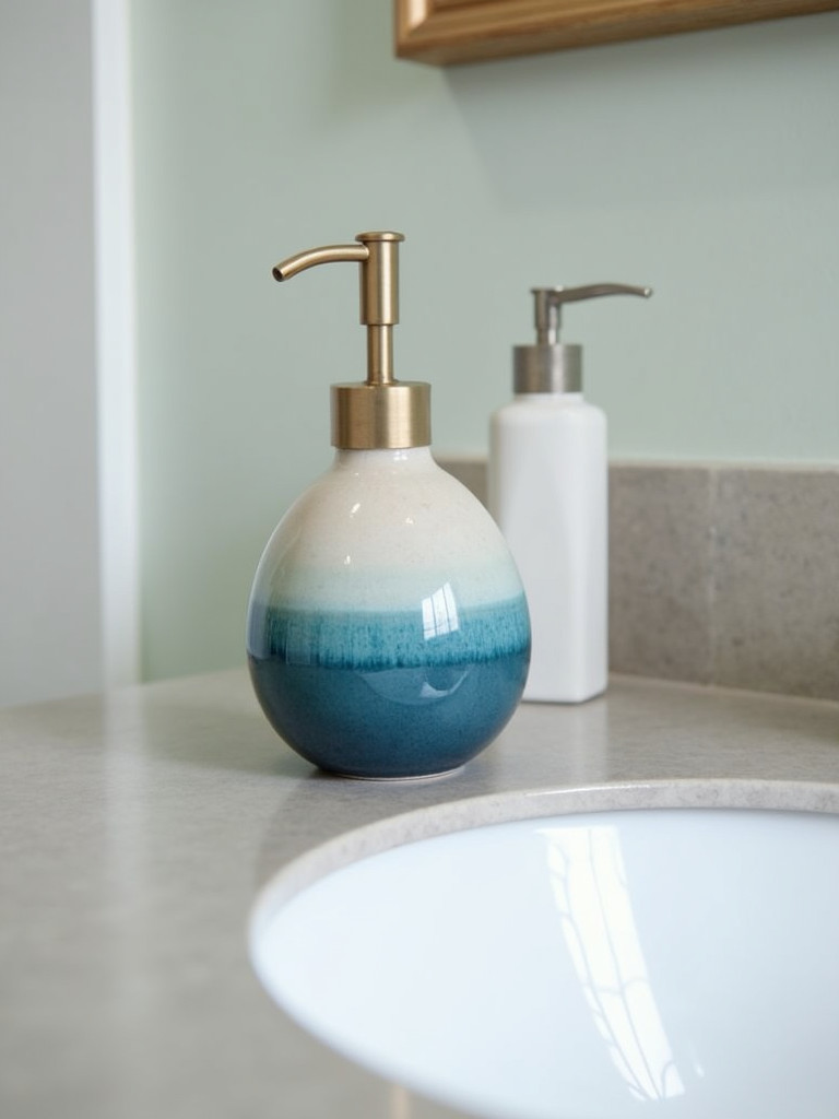 A close-up of a handmade ceramic soap dispenser on a bathroom sink