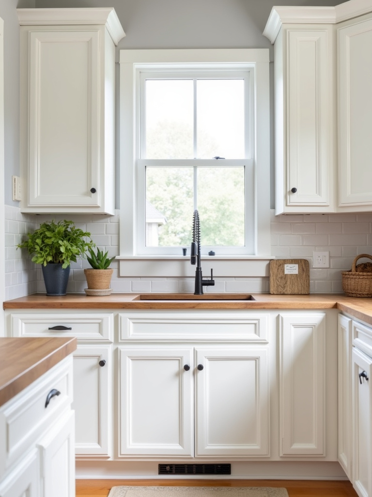 A modern kitchen with white cabinets and unique wood composite countertops.