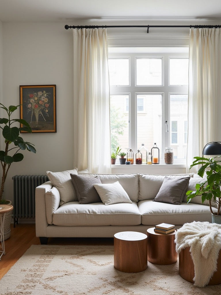 "Living room with upcycled decorated glass jars.