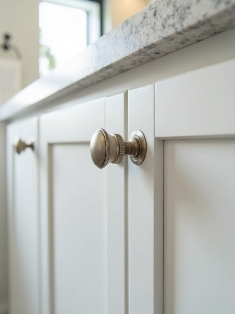 A close-up of bathroom cabinets featuring new, stylish knobs.