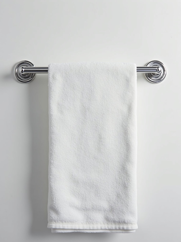 A bathroom wall with a modern chrome towel bar installed.