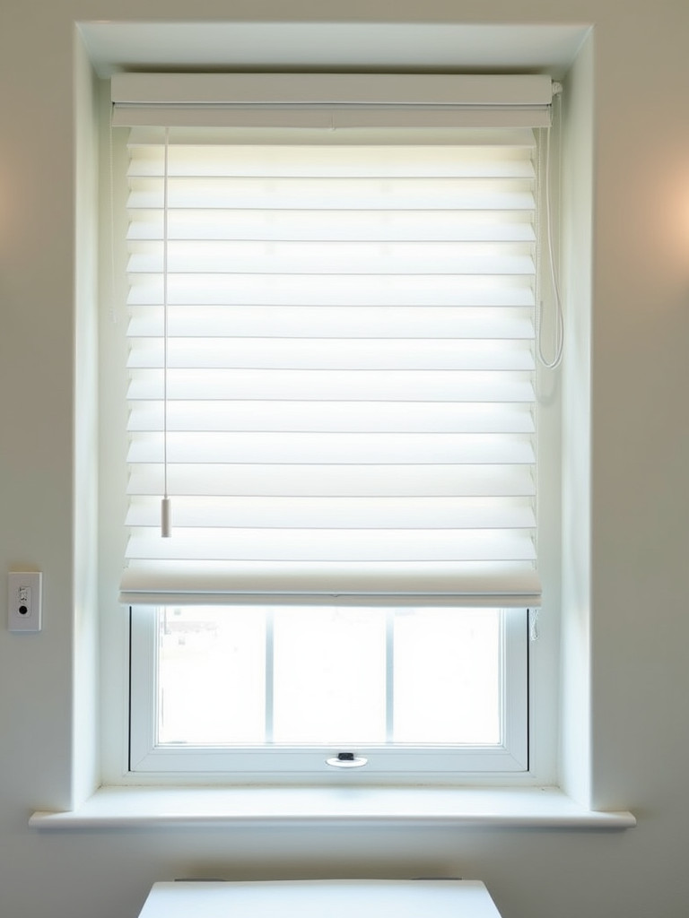 Bathroom window with white blinds