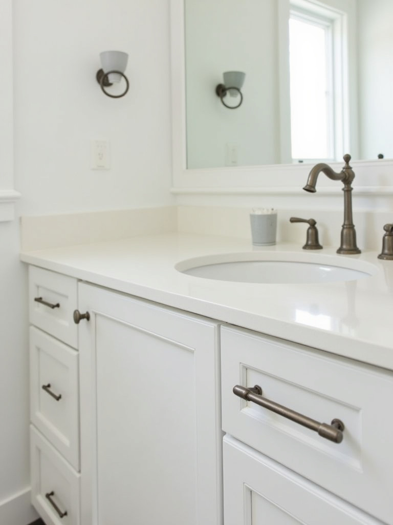 A bathroom vanity with modern brushed-nickel hardware on the cabinets and drawers.