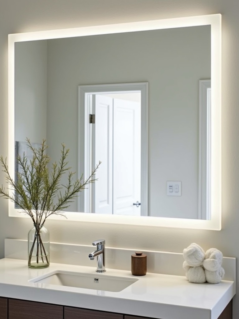 Bathroom vanity with a large rectangular framed mirror