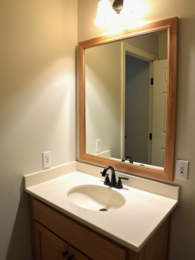 A bathroom vanity with a new, large rectangular mirror that enhances the sense of space.