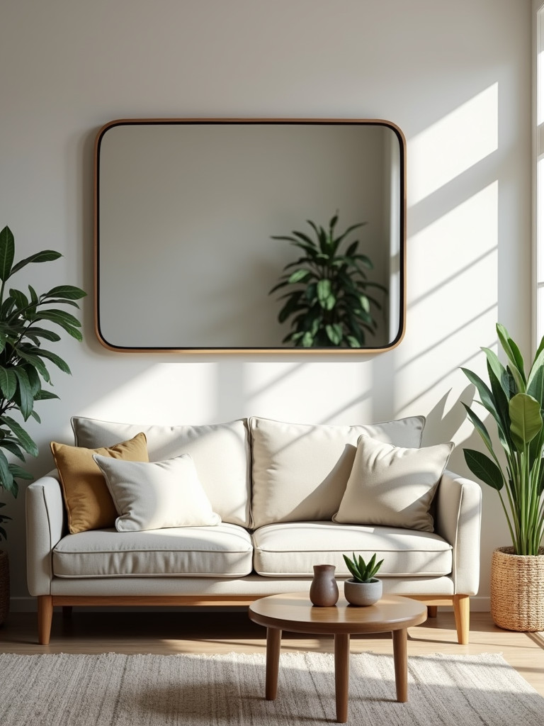 A living room with a large mirror enhancing light and space