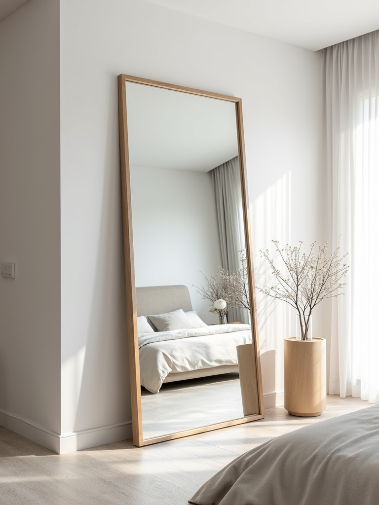 A bedroom with a large mirror to enhance light and space