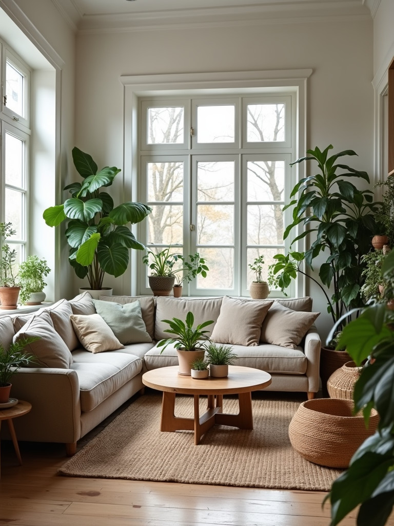 Living room decorated with various houseplants.