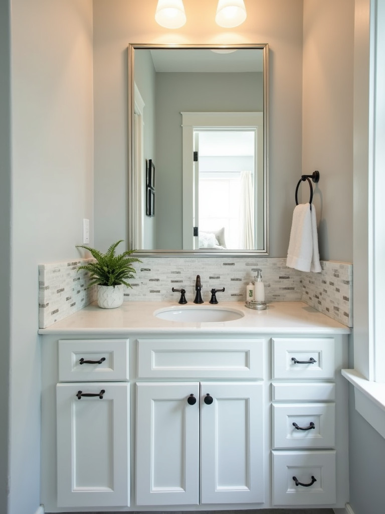 Bathroom vanity with a self-adhesive tile backsplash