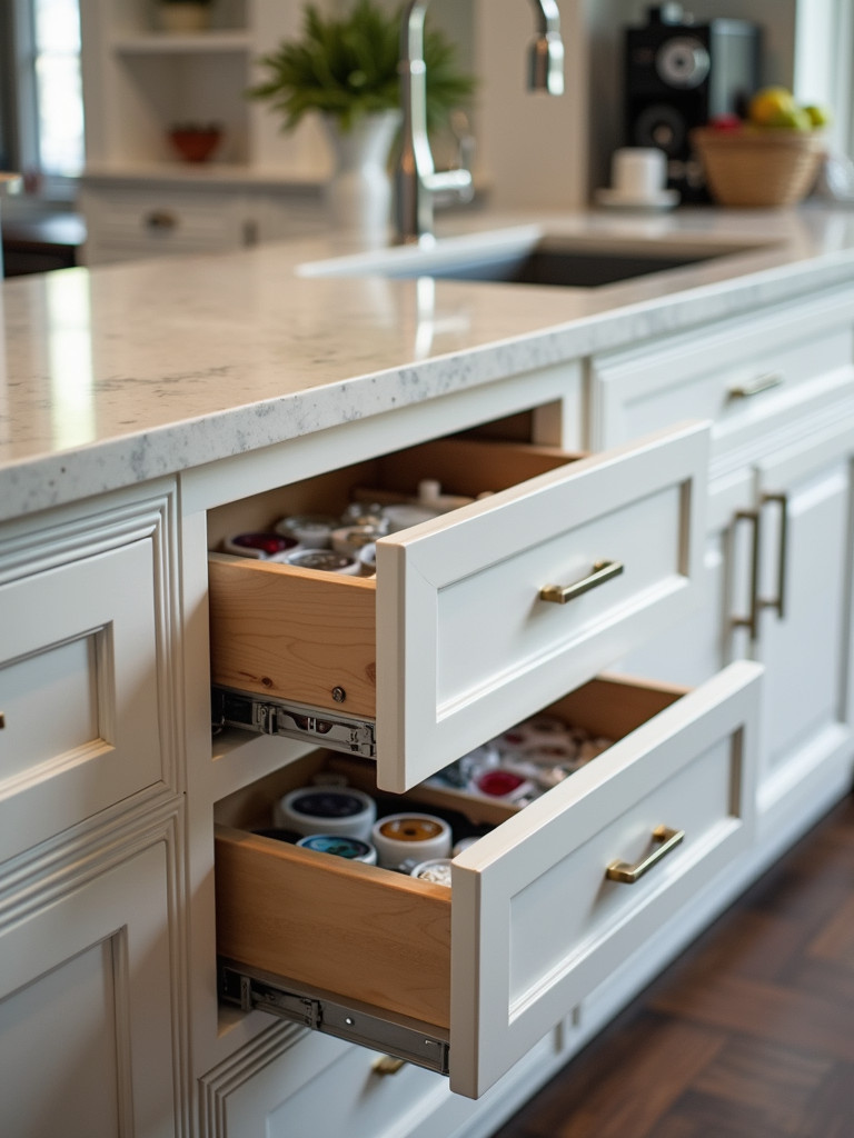 A modern kitchen with pull-out drawers and other smart storage solutions