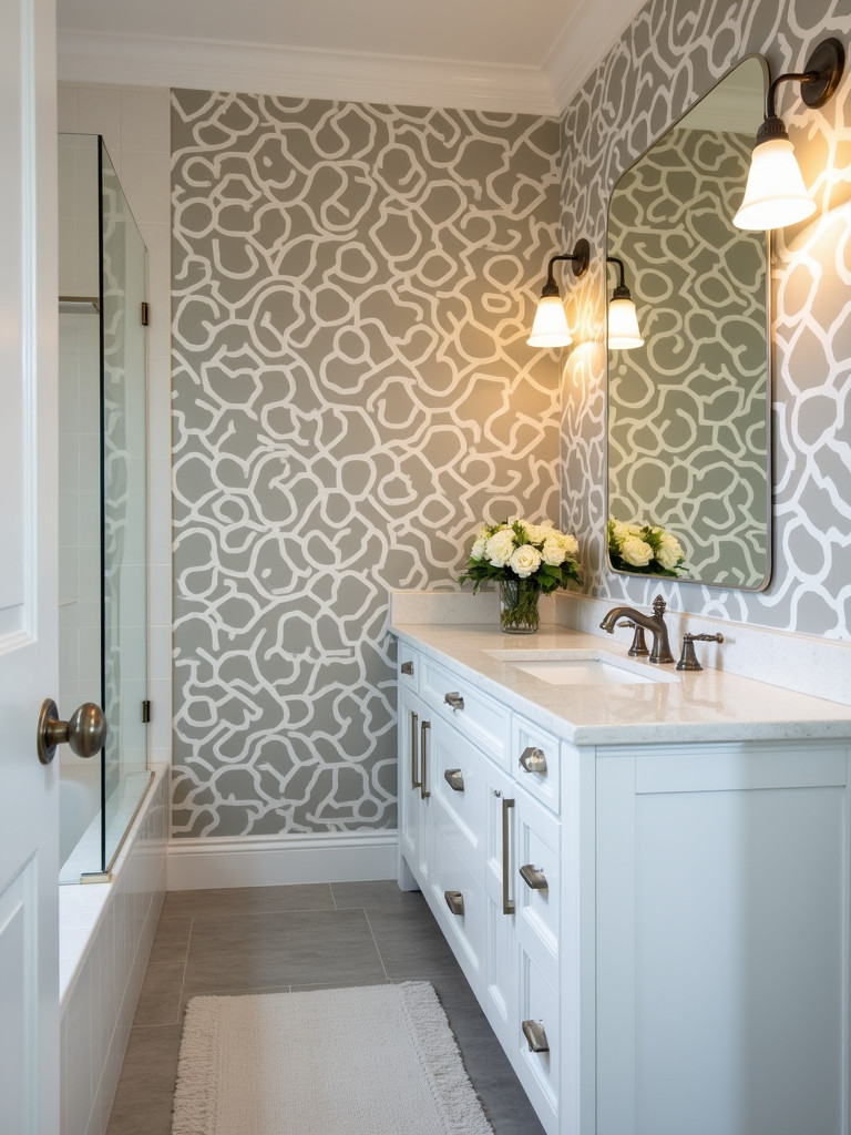 Bathroom with a statement wallpaper on one wall