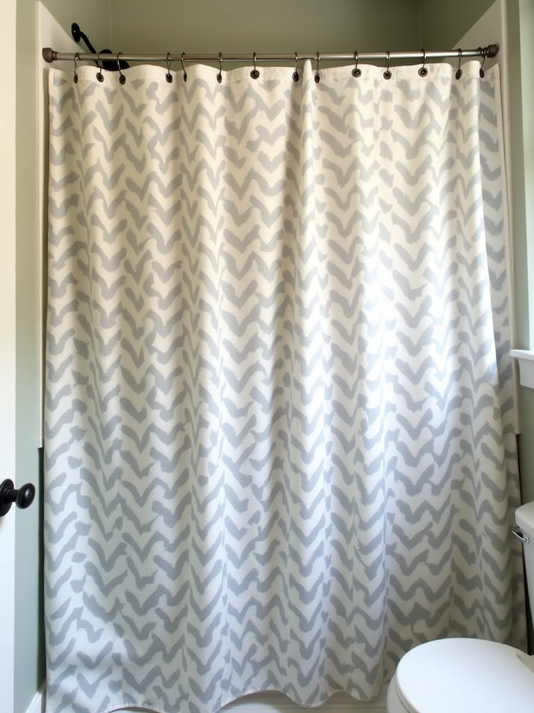 A bathroom with a striking, bold-patterned shower curtain that serves as a focal point.