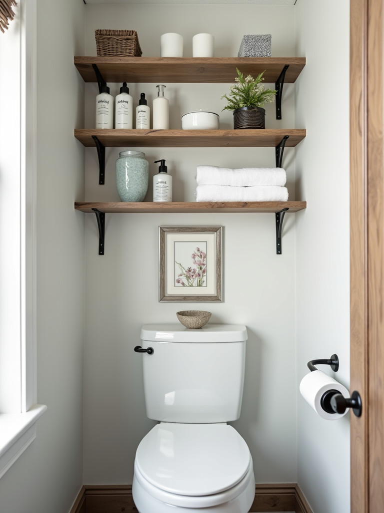 A bathroom with neatly arranged open shelves above the toilet, displaying towels and other decorative items.