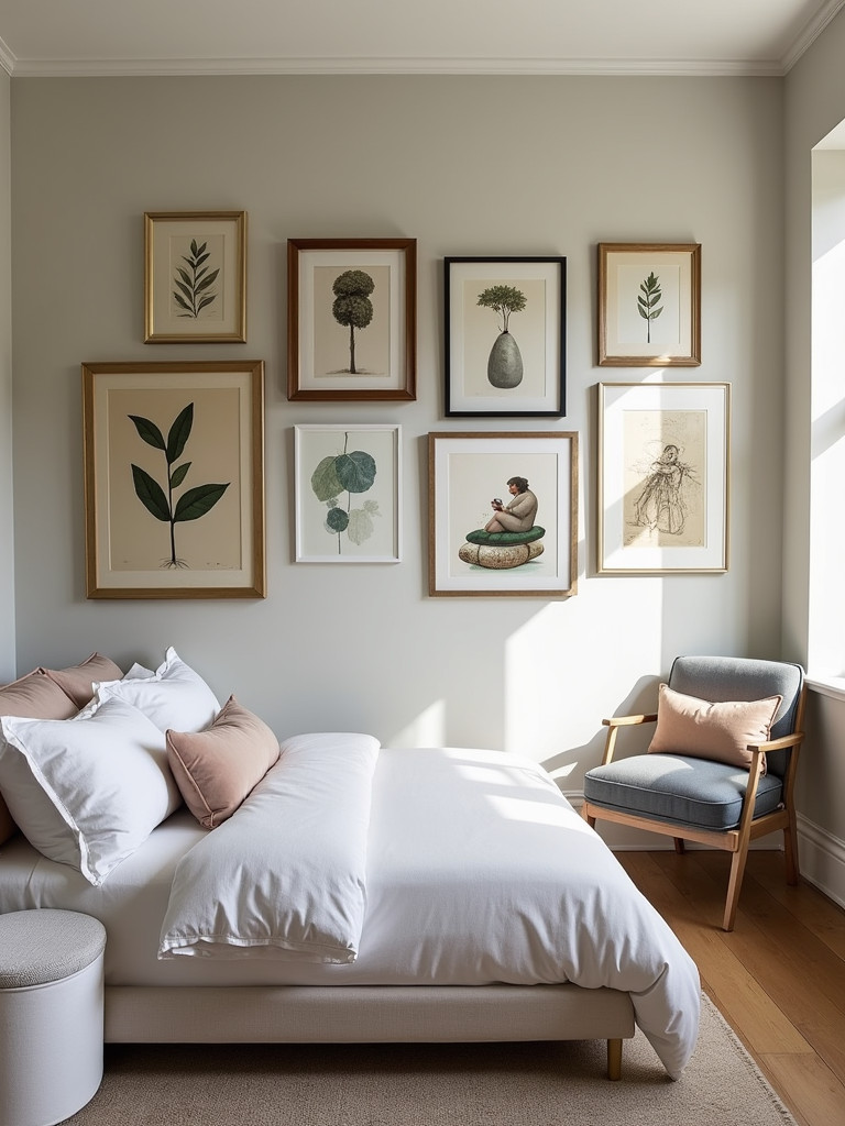A bedroom wall with a curated gallery of art