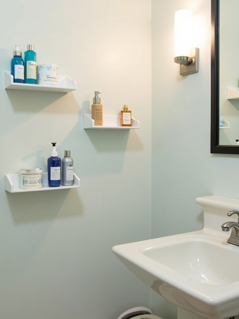 A small bathroom featuring multiple wall shelves holding toiletries, with light-colored walls and a mirror.
