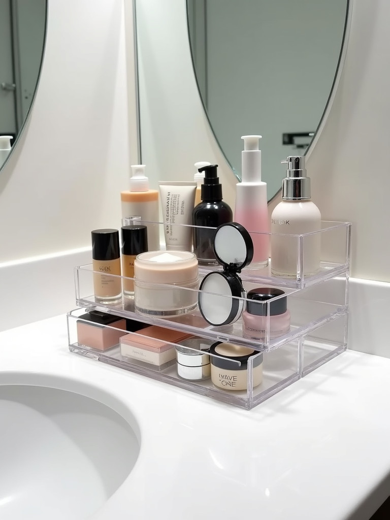 A tiered clear acrylic organizer filled with cosmetics on a white counter