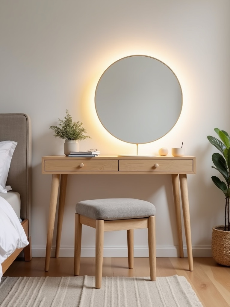 A light wood vanity table with a round mirror in a well-lit bedroom