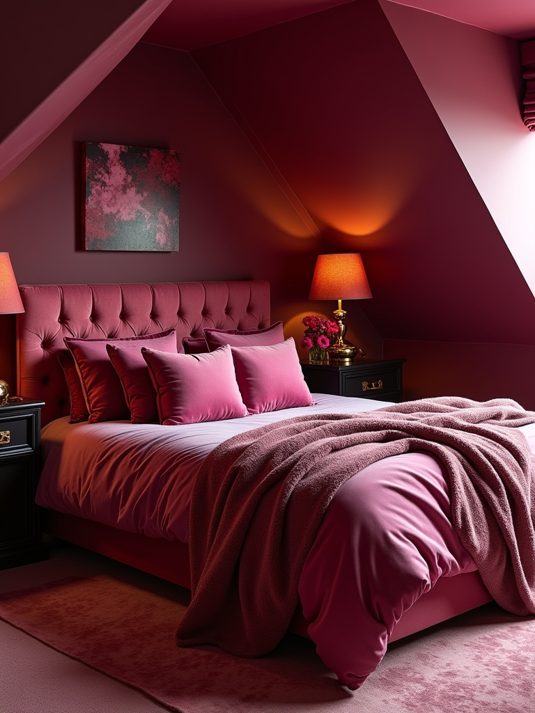 An elegant attic bedroom with soft velvet accents and refined details.