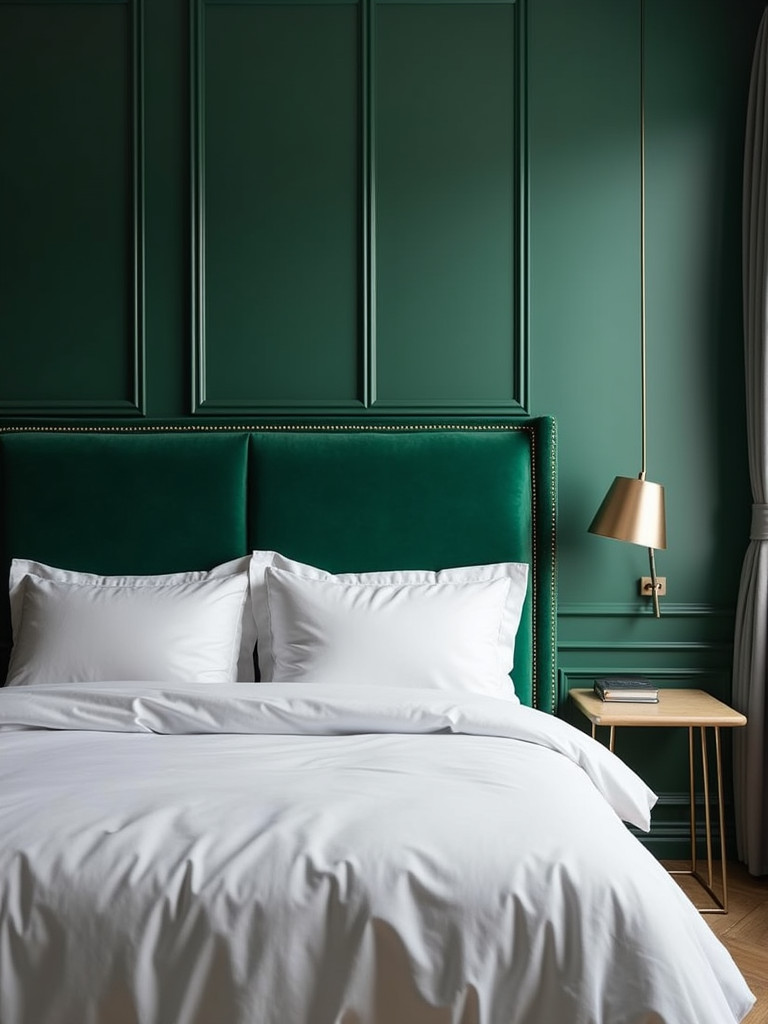 A close-up view of a luxurious emerald green velvet upholstered headboard in a bedroom