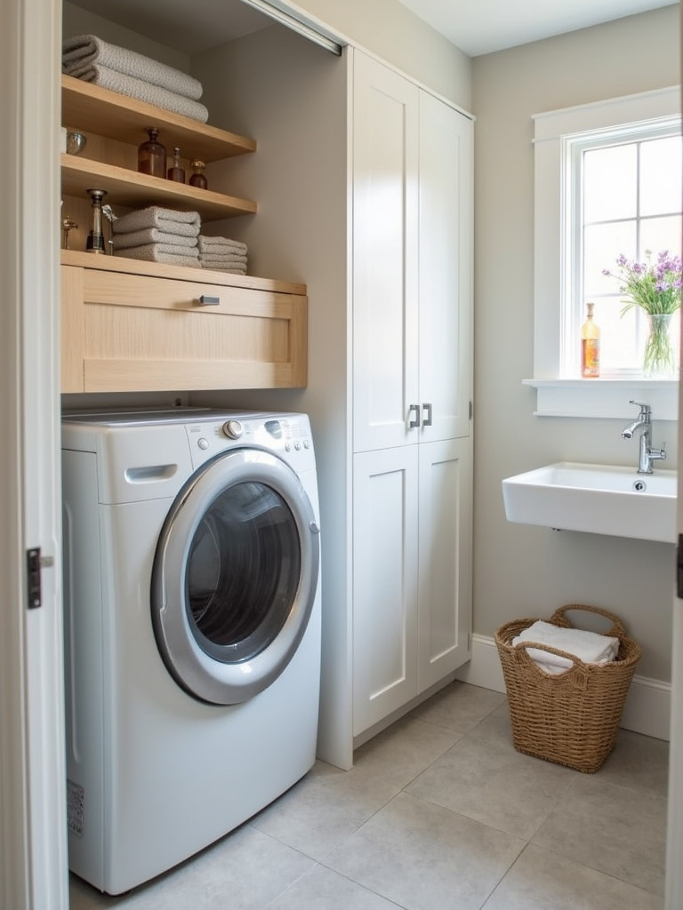 A sleek laundry bathroom with a ventless dryer, modern appliances, light colors, and clean lines.