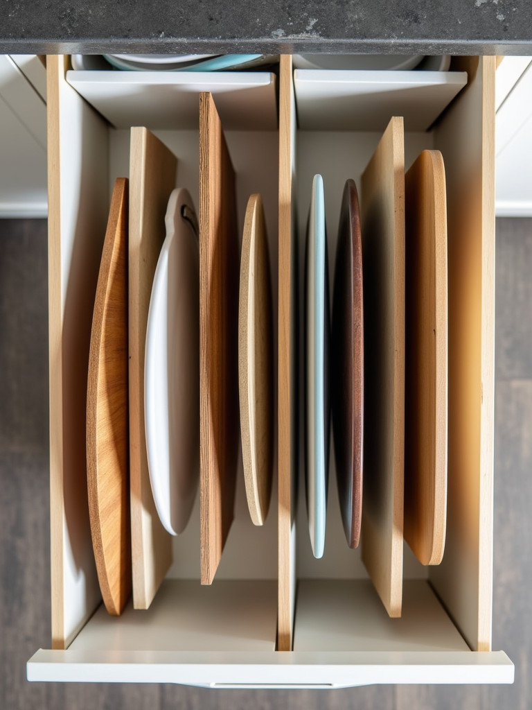 Cutting boards neatly organized in a kitchen drawer using vertical file organizers, maximizing space
