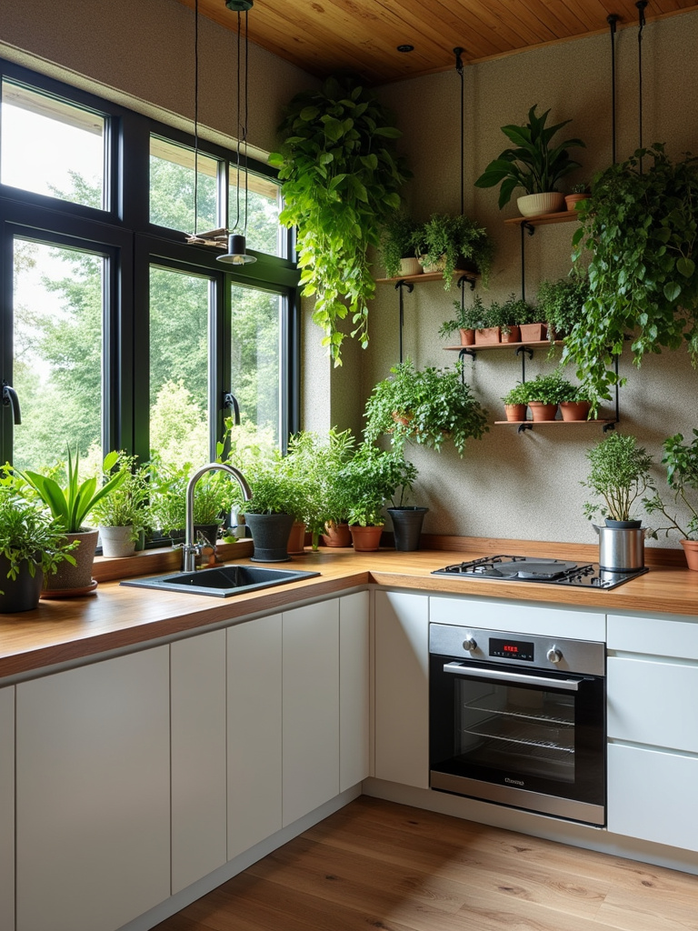 A modern kitchen with a refreshing vertical garden improving air quality and design aesthetic.