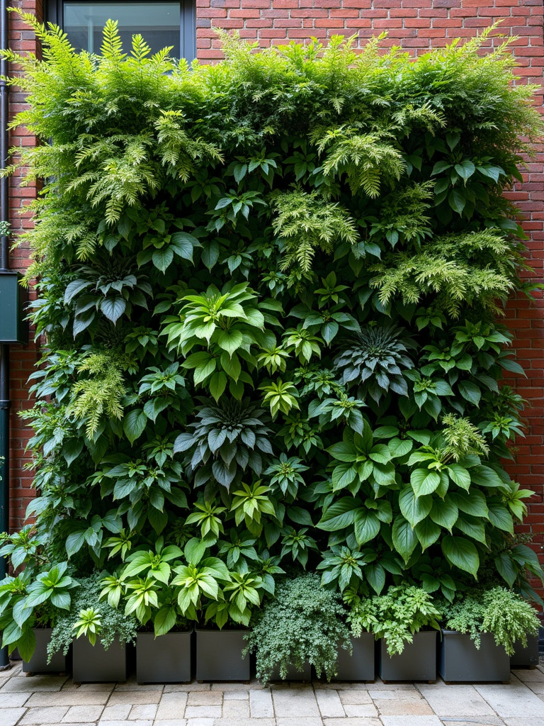 A lush vertical garden wall with diverse plants