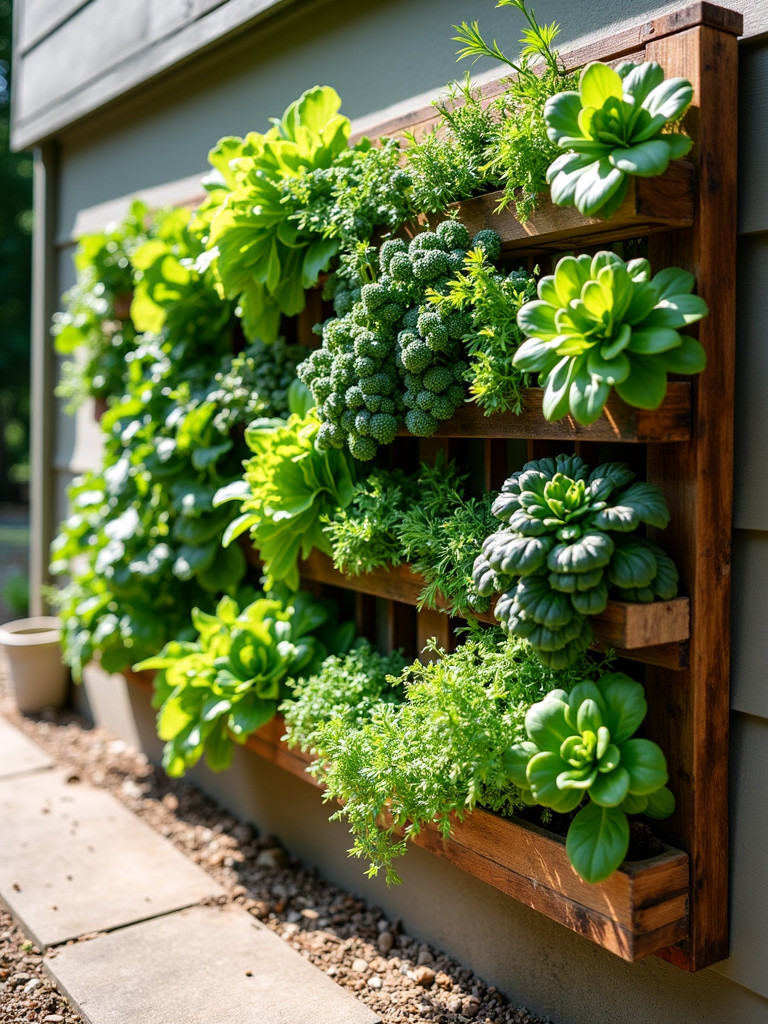 a lush vertical garden made of wood pallets, thriving with vegetables and herbs on a sunlit patio.