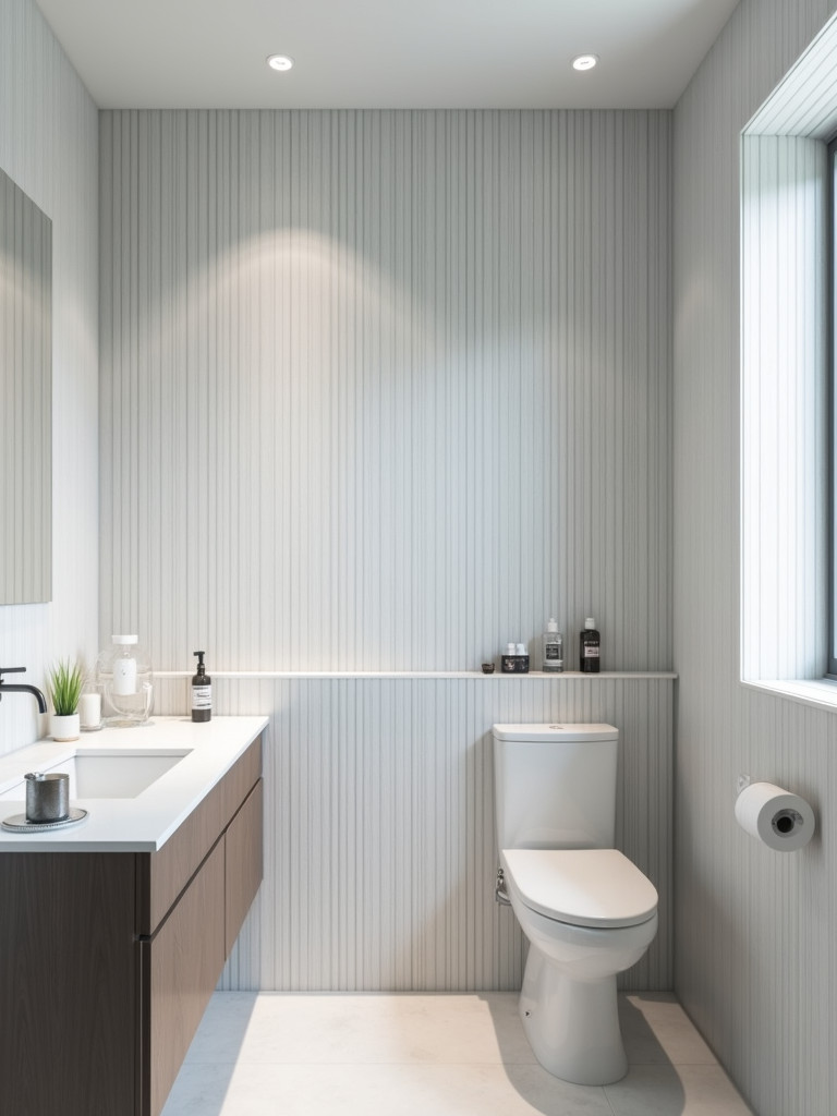 A small bathroom with light gray tiles arranged in a vertical pattern, white fixtures, and soft natural lighting.