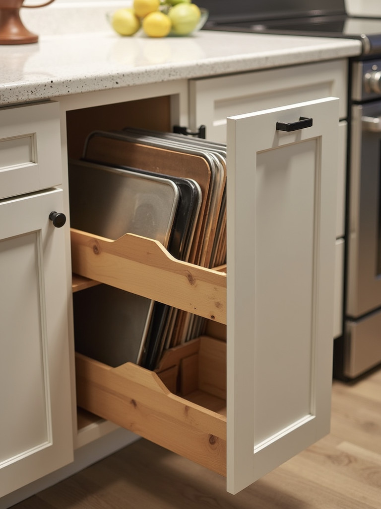 A kitchen cabinet with vertical tray dividers displaying baking sheets and cutting boards.